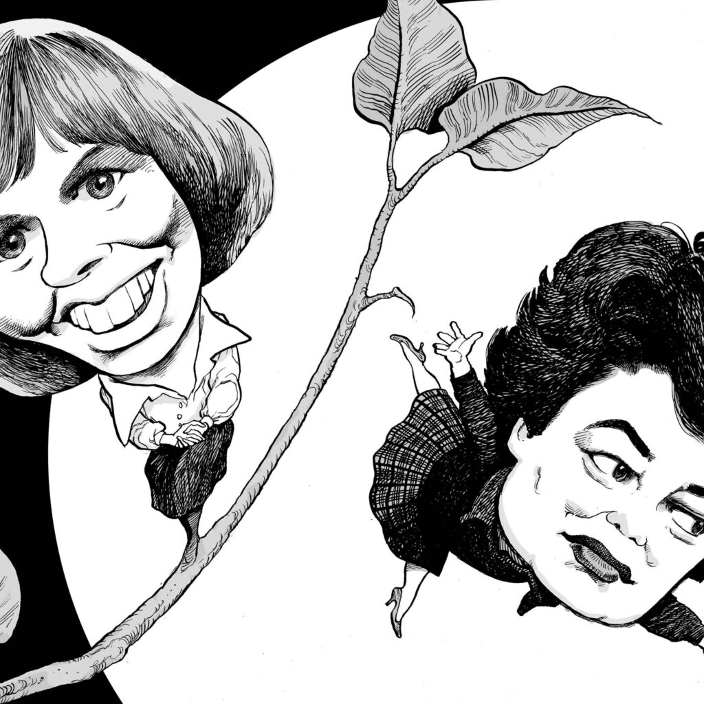 Illustration by David Parkins for J. R. Patterson’s January | February 2025 review of two books on Carol Shields and Mavis Gallant.