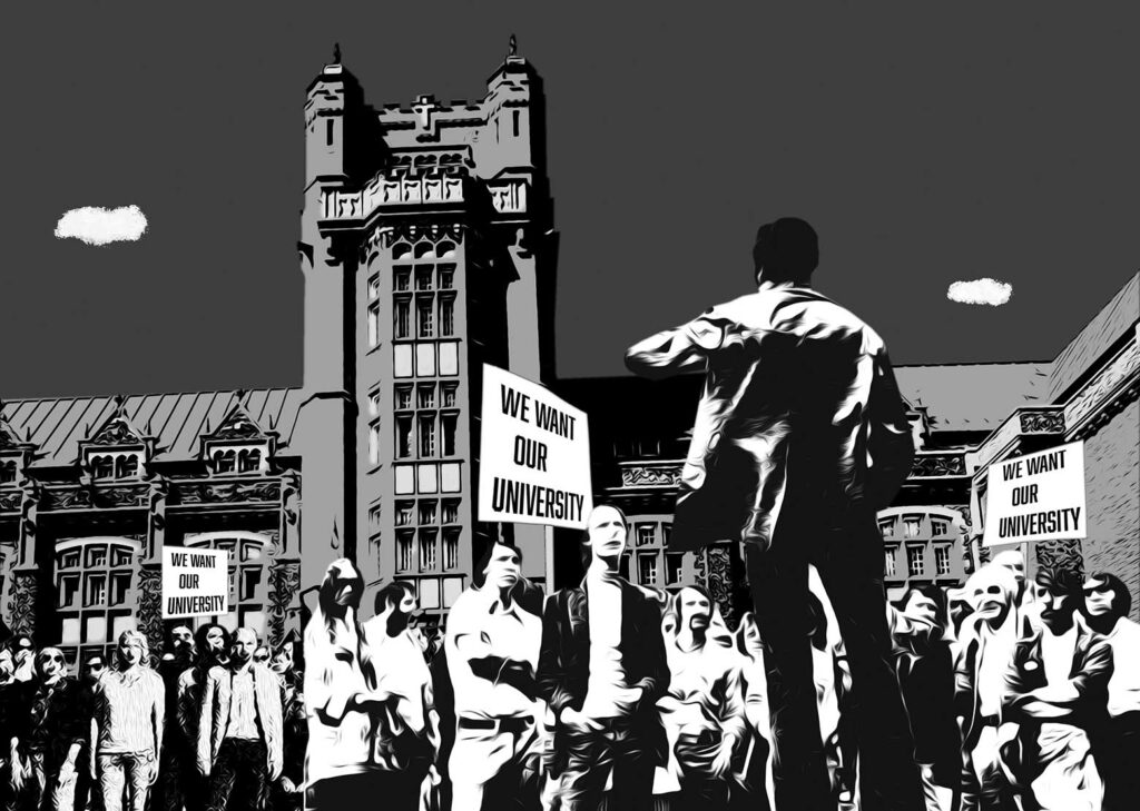 Illustration by Pierre-Paul Pariseau for Noah Ciubotaru’s July/August 2025 review of “Concordia University at 50” edited by Monika Kin Gagnon et al.