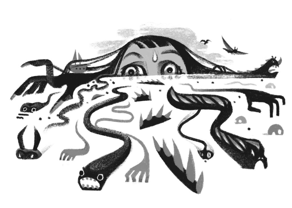 Illustration by Sarah Farquhar for Stacey May Fowles’s July/August 2025 review of “The Monster and the Mirror,” by K. J. Aiello.