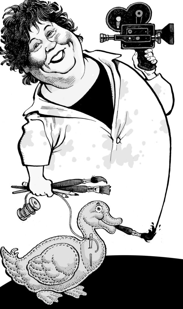 Illustration by David Parkins for Keith Garebian’s July/August 2025 review of “Joyce Wieland: Heart On” edited by Anne Grace and Georgiana Uhlyarik.