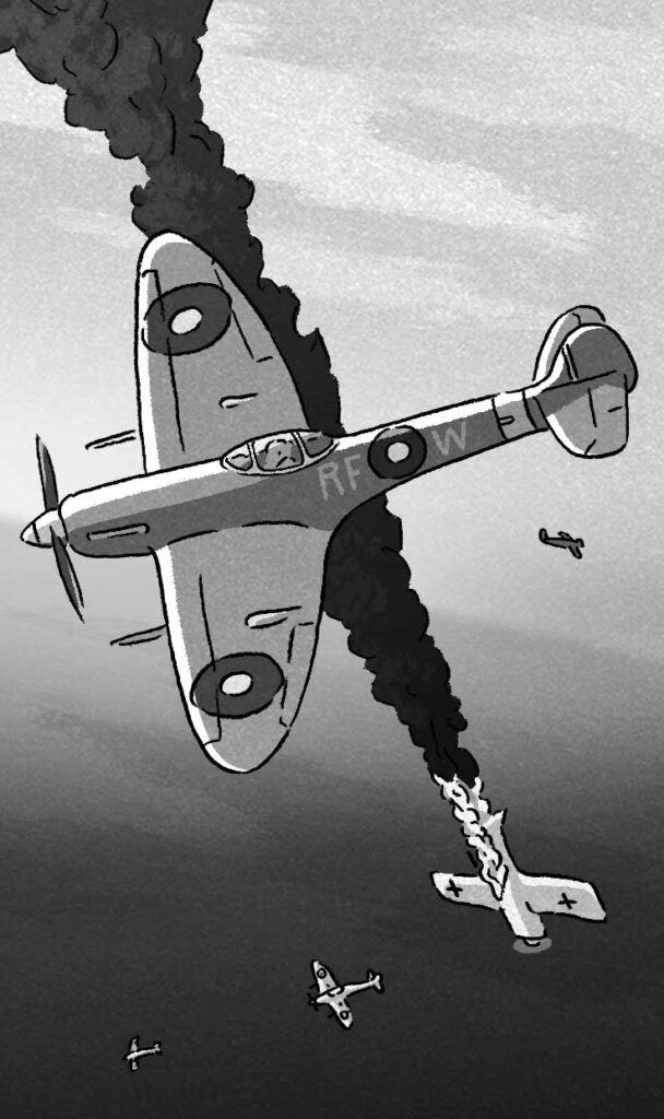 Illustration by Tim Bouckley for J. L. Granatstein’s July/August 2025 review of “Battle of Britain Spitfire Ace” by Peter J. Usher.