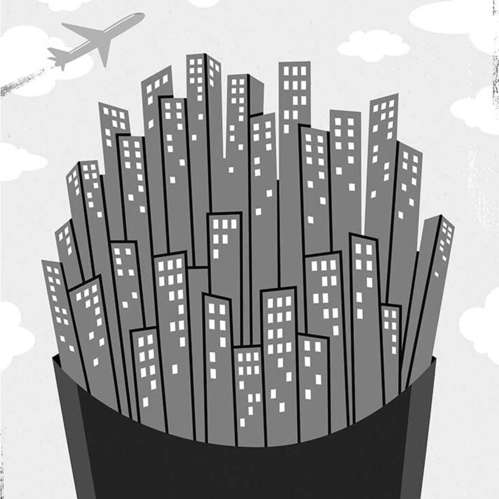 Illustration by Blair Kelly for David Macfarlane’s July/August 2025 essay on Canada from an American point-of-view.