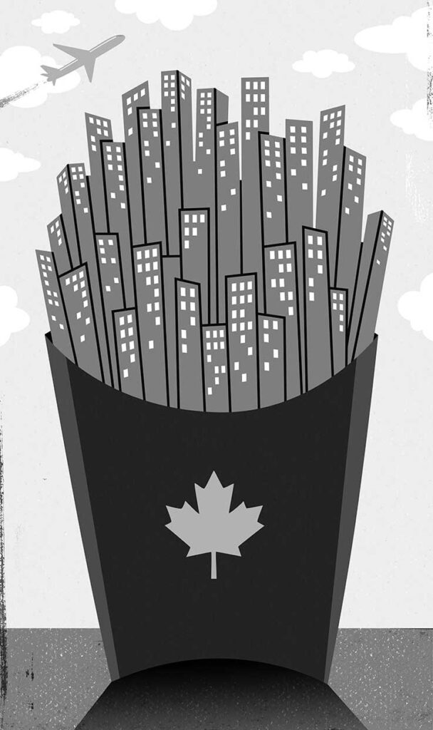Illustration by Blair Kelly for David Macfarlane’s July/August 2025 essay on Canada from an American point-of-view.