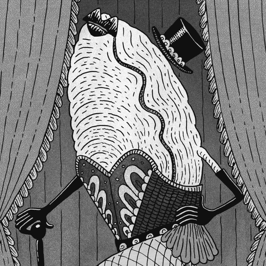 Illustration by Tom Chitty for J. R. Patterson’s July/August 2025 review of “Portrait of an Oyster” by Andreas Ammer.