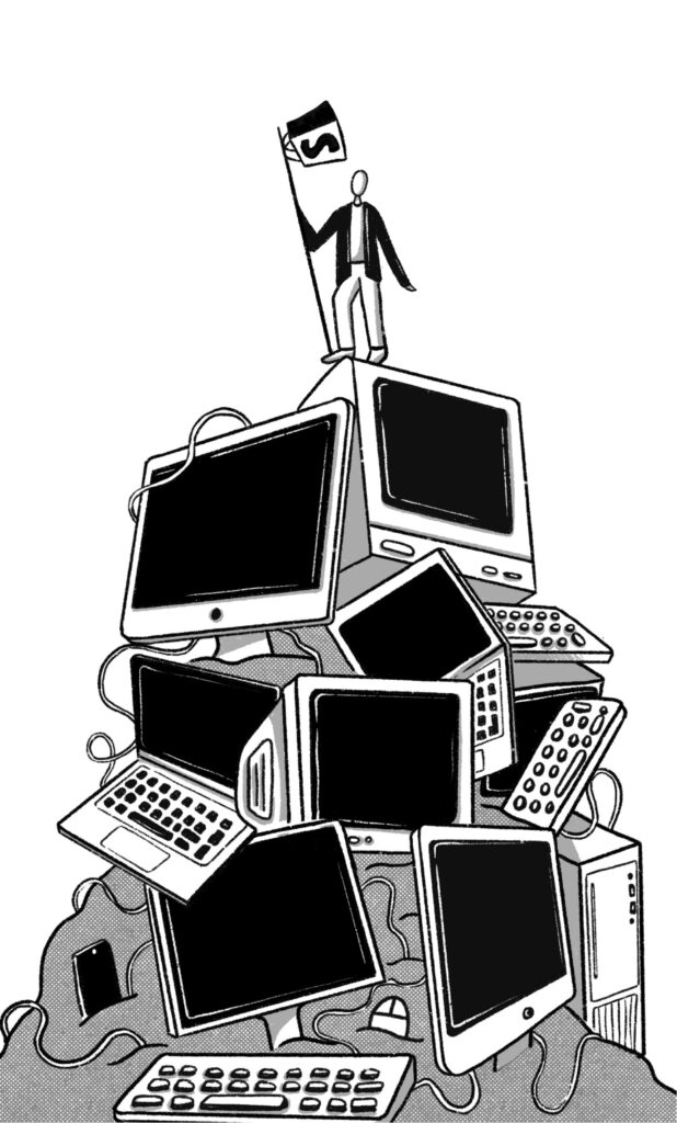 Illustration by Tessa Presta for Gilbert Reid’s July/August 2025 review of “The Shopify Story” by Larry MacDonald.