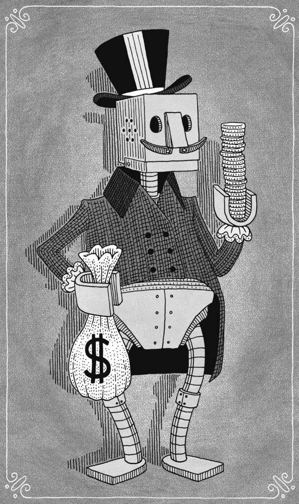 Illustration by Tom Chitty for George Anderson’s September 2025 review of “Hayek’s Bastards” by Quinn Slobodian.