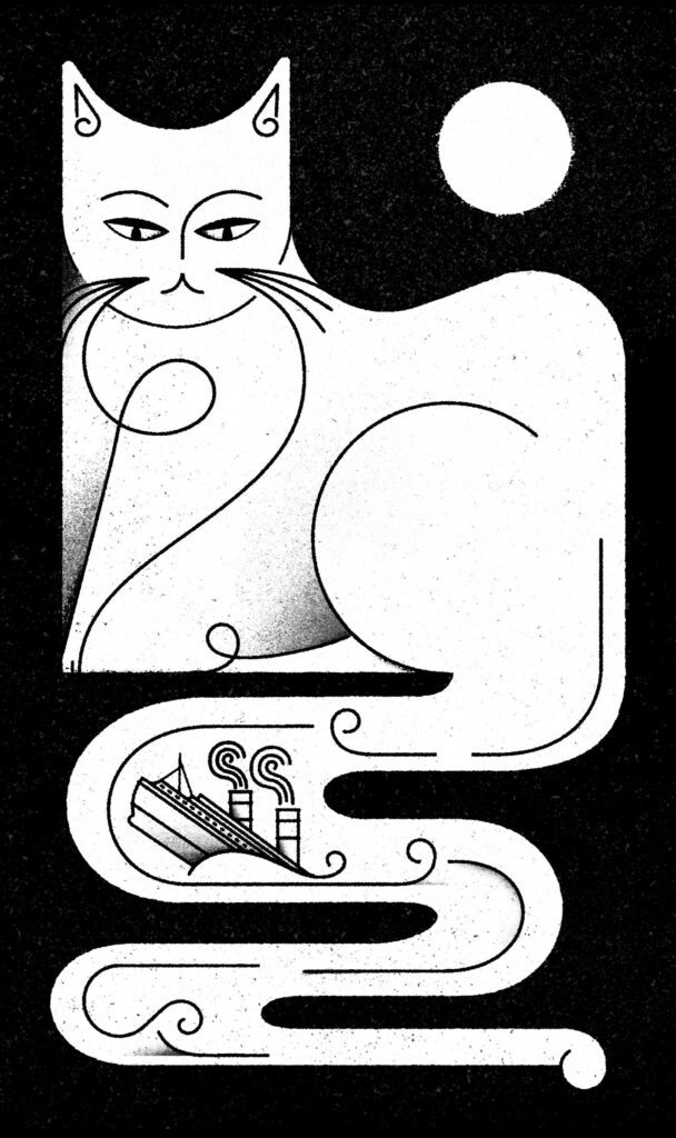 Illustration by Karsten Petrat for Sheldon Goldfarb’s September 2025 review of “Beneath Dark Waters” by Eve Lazarus and “The Lucky and the Lost” by John Boileau and Patricia Boileau Theriault.