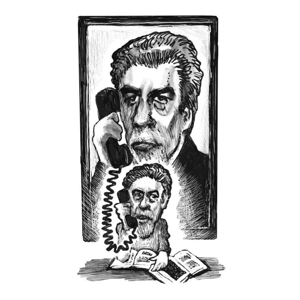 An illustration by Silas Kaufman for Maria Cichosz’s October 2025 review of “Harley Parker” by Gary Genosko and “The Culture Box” by Harley Parker.