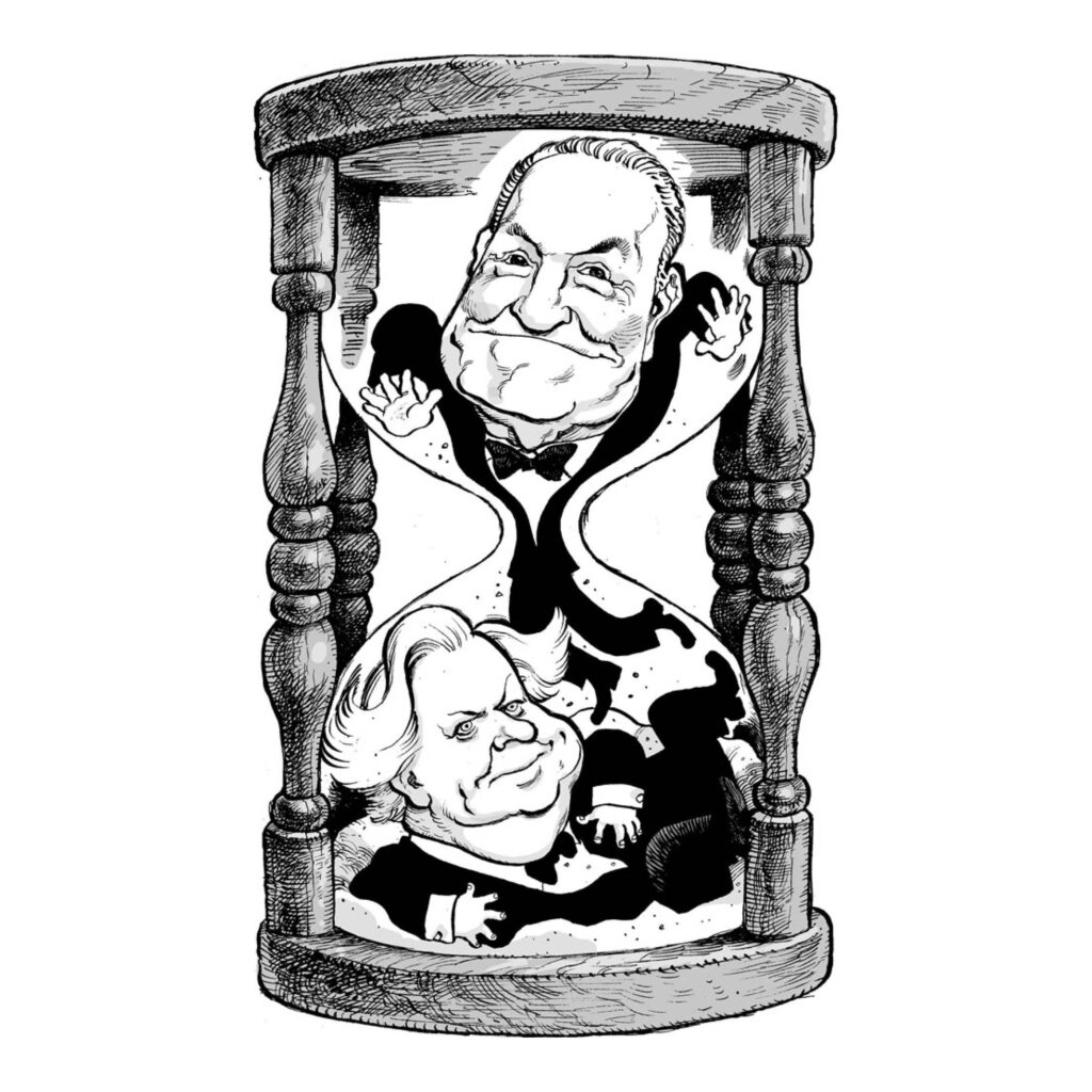 An illustration by David Parkins for Chris Jones’s October 2025 review of “When the Going Was Good” by Graydon Carter and “Lorne” by Susan Morrison.