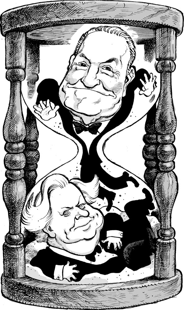 An illustration by David Parkins for Chris Jones’s October 2025 review of “When the Going Was Good” by Graydon Carter and “Lorne” by Susan Morrison.