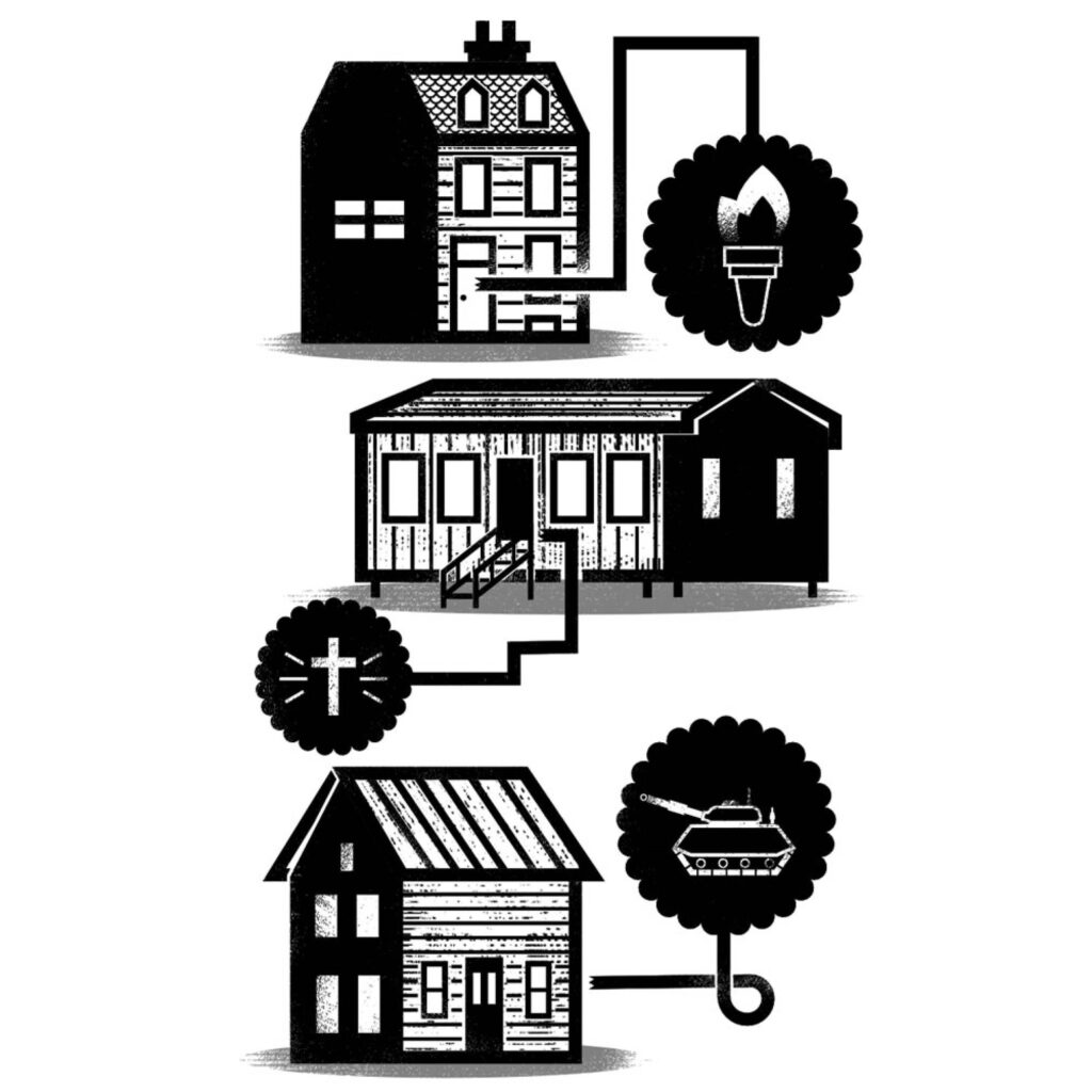 Illustration by Matthew Daley for Catherine Khordoc October 2025 review of “Les mots de la nation” by Jocelyn Létourneau, with Raphaël Gani.