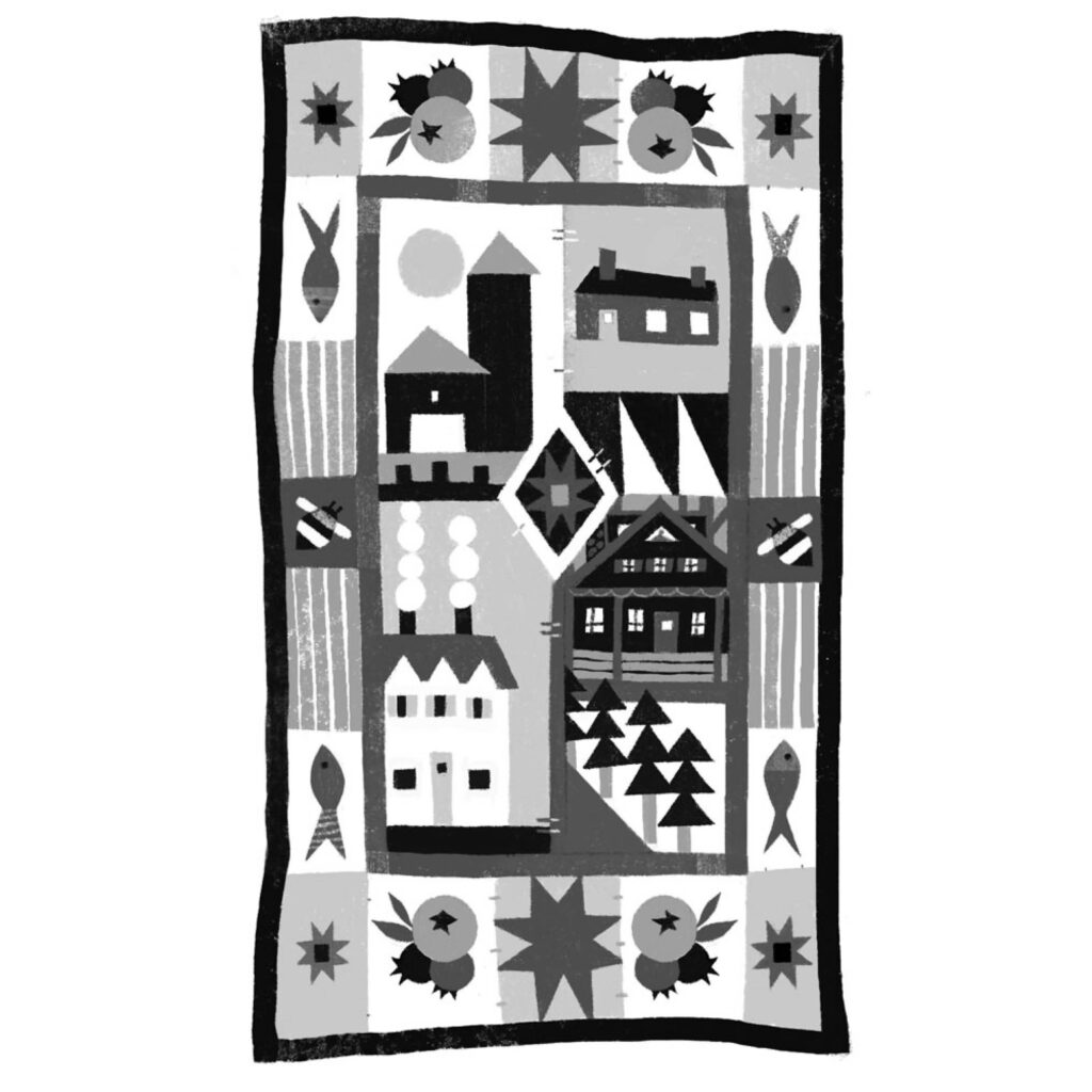 An illustration by Sarah Farquhar for Cecily Ross’s October 2025 review of “Naomi’s Houses” by Rosalie I. Tennison.