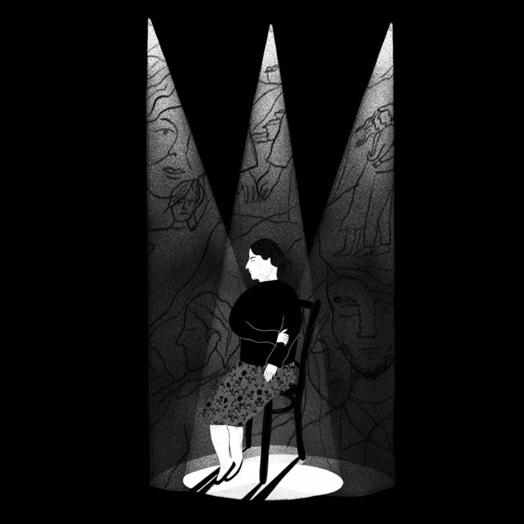 An illustration by Natàlia Pàmies Lluís for Andrew Torry’s October 2025 review of “Randia’s Quiet Theatre” by Magdalena Kazubowski-Houston.