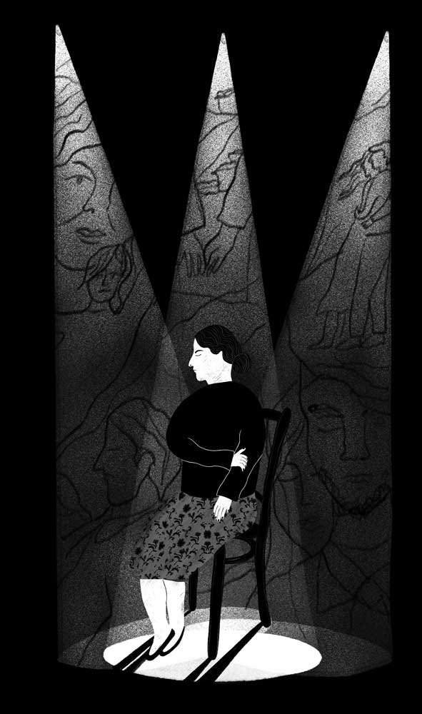 An illustration by Natàlia Pàmies Lluís for Andrew Torry’s October 2025 review of “Randia’s Quiet Theatre” by Magdalena Kazubowski-Houston.