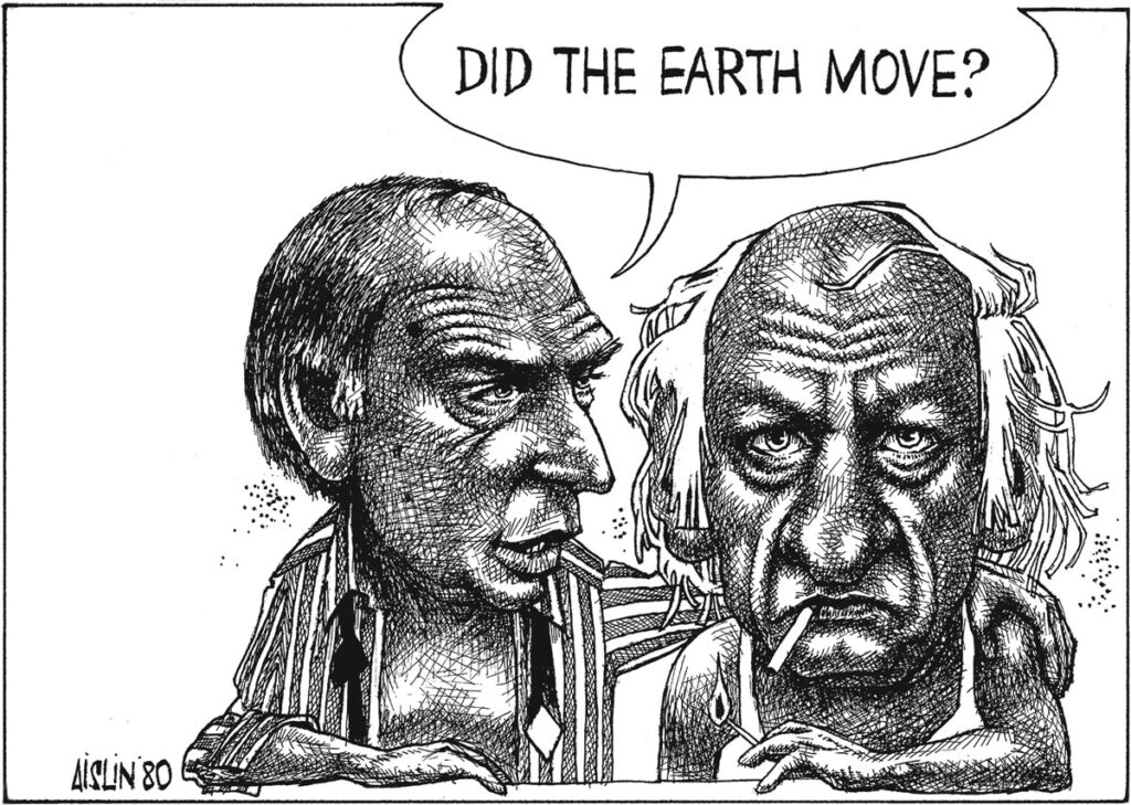 Illustration by Aislin for Graham Fraser’s November 2025 review of ‘Lévesque/Trudeau” by Jean- François Lisée and “Pierre Elliott Trudeau” by Guy Bouthillier.