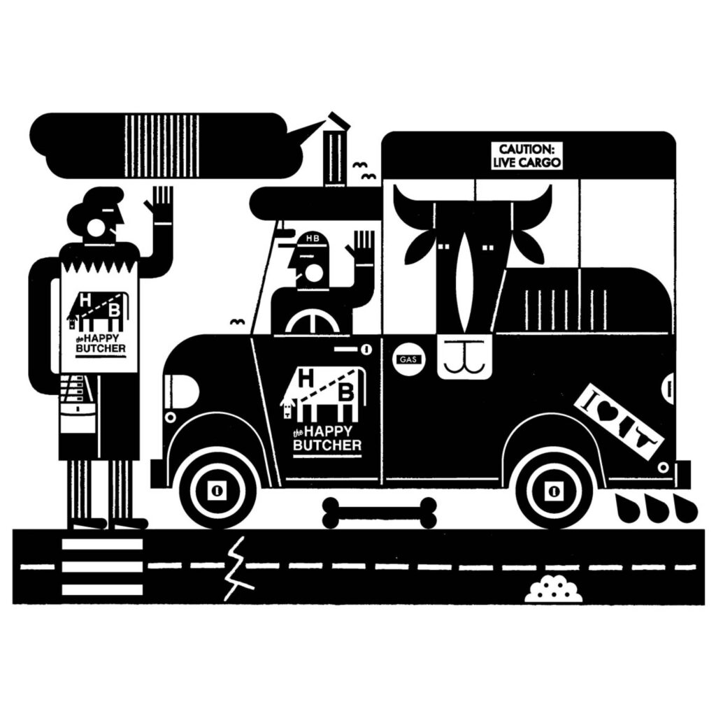Illustration by Raymond Biesinger for Lenore Lauri Newman’s Novmeber 2025 review of “Happy Meat” by Josée Johnston et al.