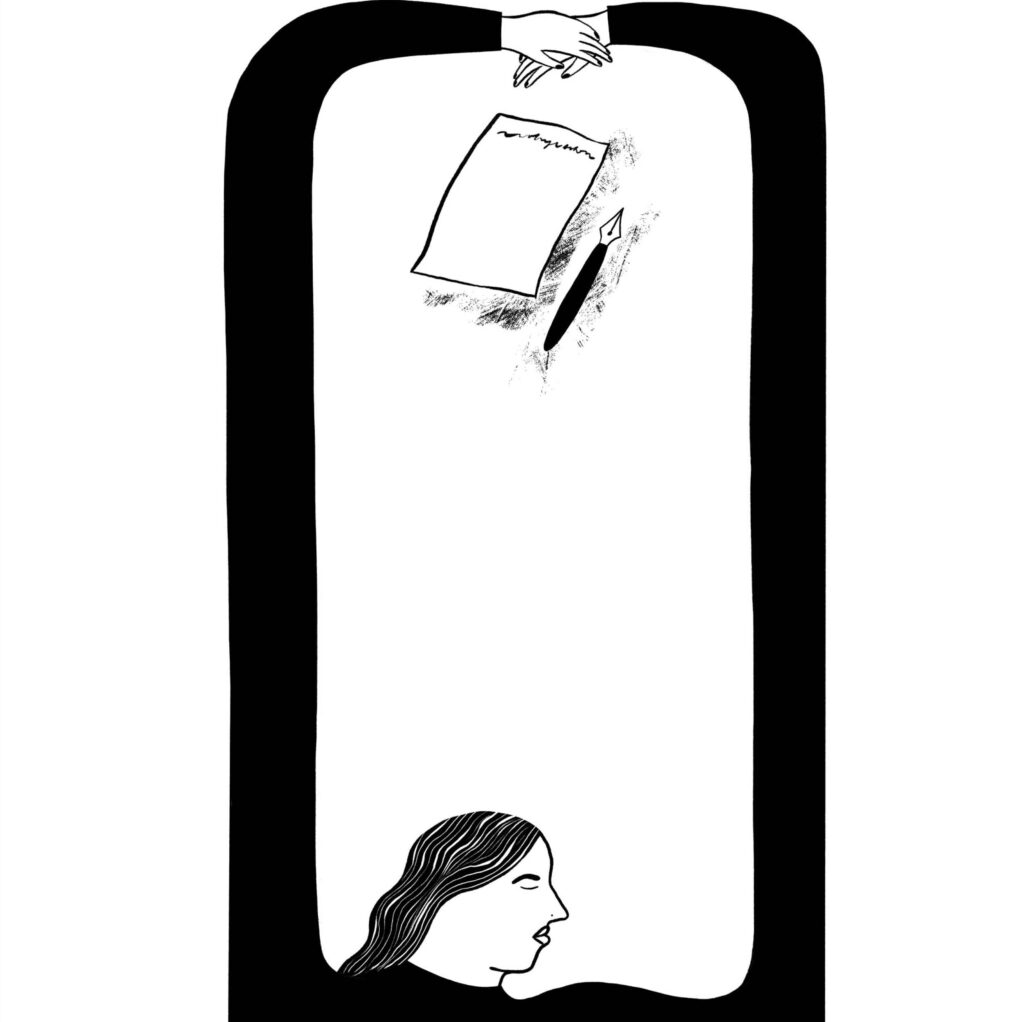 Illustration by Natàlia Pàmies Lluís for Ruth Panofsky’s November 2025 review of “A Truce That Is Not Peace” by Miriam Toews.