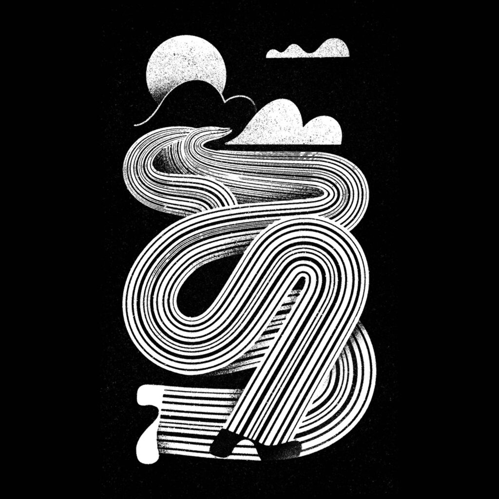 Illustration by Karsten Petrat for Dan Rubinstein’s November 2025 review of “Is a Rier Alive?” by Robert Macfarlane and “Theory of Water” by Leanne Betasamosake Simpson.