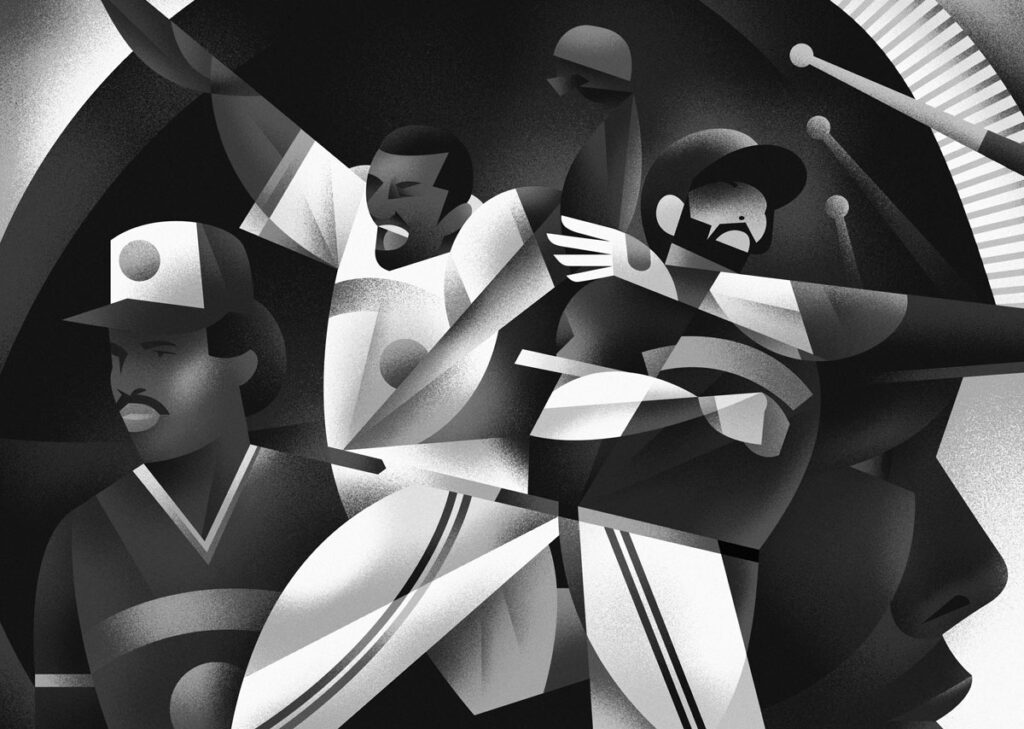 Illustration by Dave Murray for J. D. M. Stewart’s review of “Toronto Blue Jays” by Keegan Matheson.