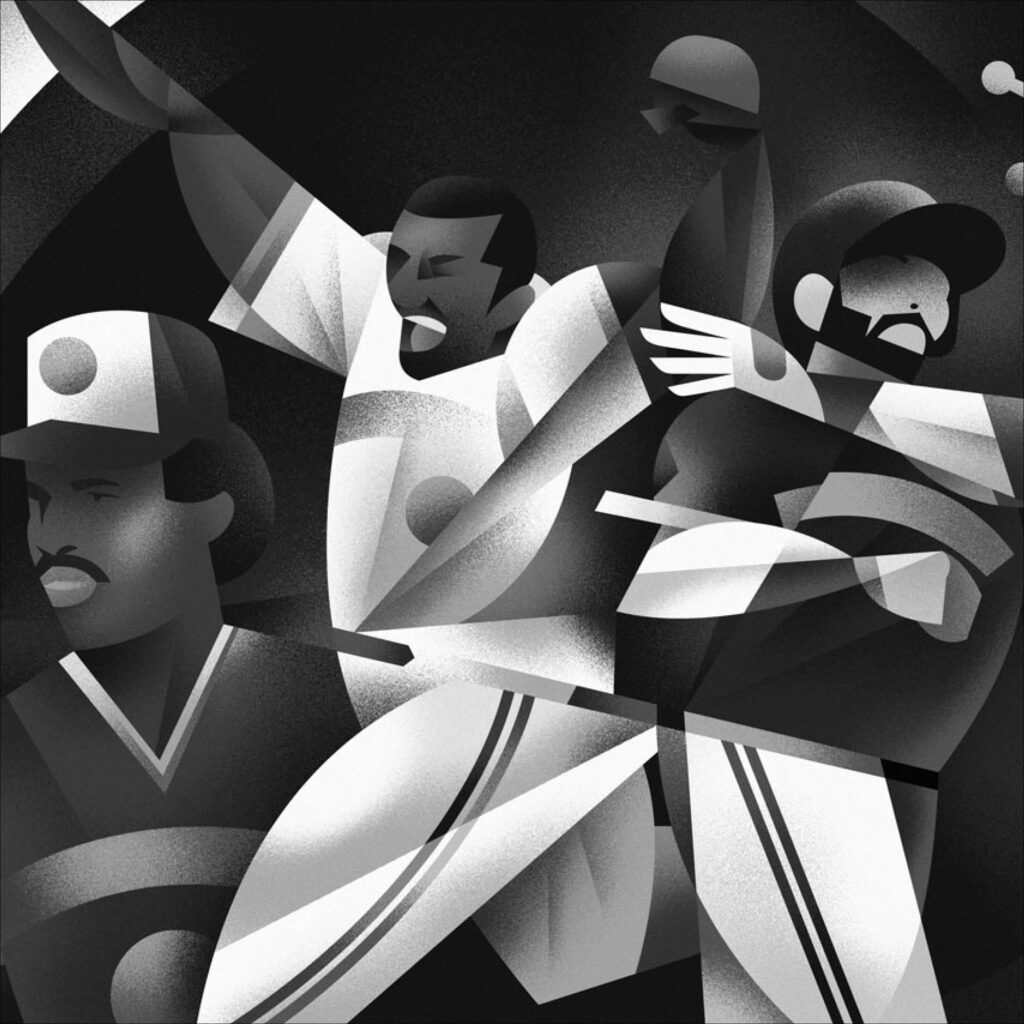 Illustration by Dave Murray for J. D. M. Stewart’s review of “Toronto Blue Jays” by Keegan Matheson.