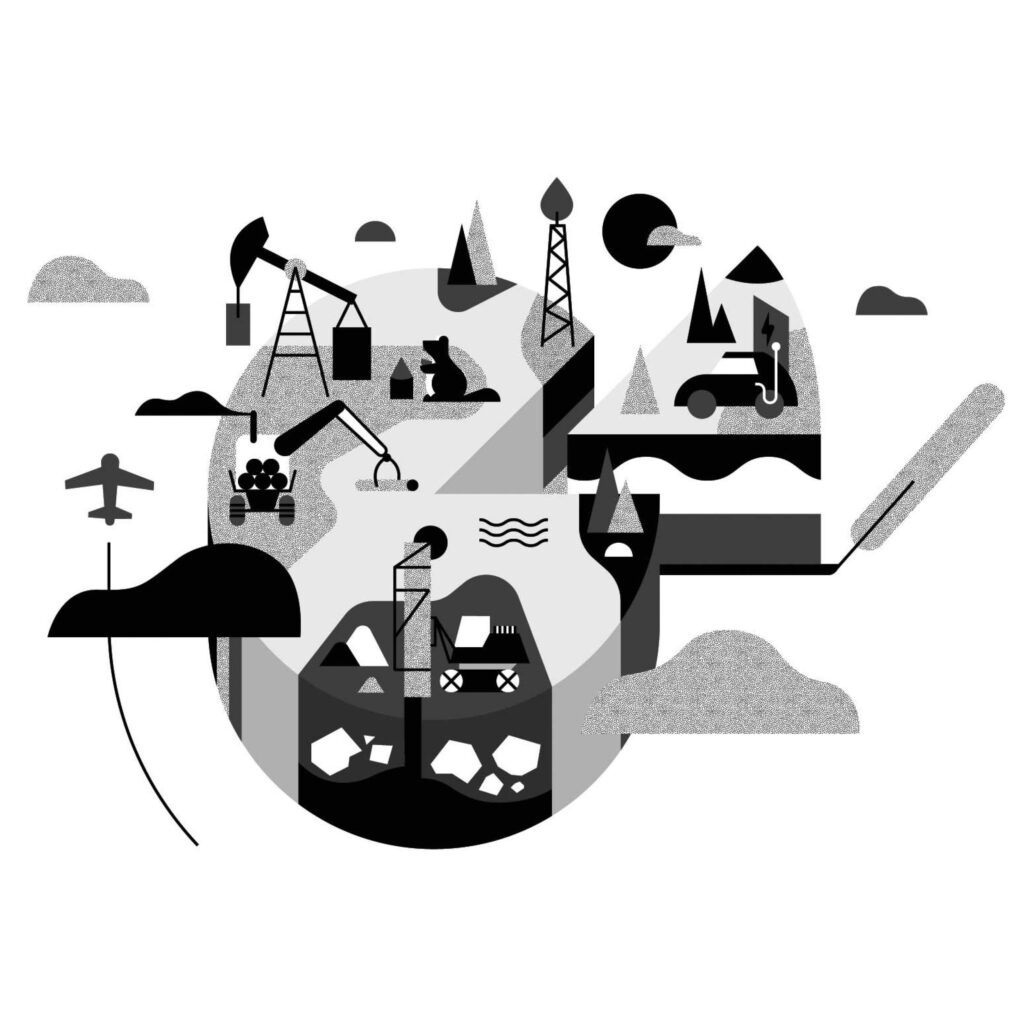 An illustration by Mateusz Napieralski for Murray Campbell’s January-February 2026 review of “This Rare Earth” by Jeremy Thomas Gilmer and “The Beaver Manifesto” by Glynnis Hood.