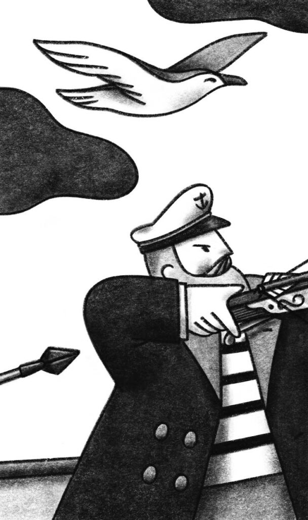 An illustration by Gwendoline Le Cunff for Ian Canon’s January-February 2026 review of “The Trial of Katterfelto” by Michael Redhill.