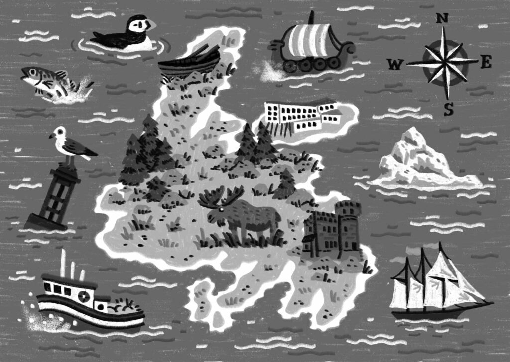 An illustration by Alexander MacAskill for Brad Dunne’s January-February 2026 review of “The Smiling Land” by Alan Doyle.