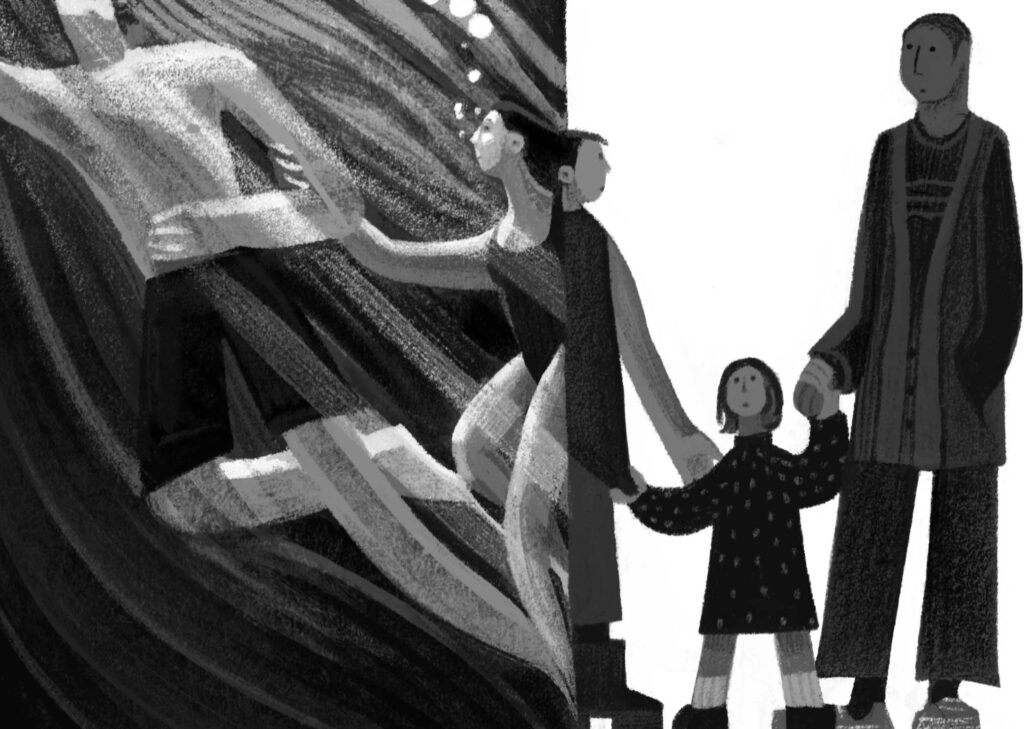 An illustration by Sarah Farquhar for Stacey May Fowles’s January-February 2026 review of “When Water Became Blue” by Anaïs Barbeau-Lavalette, translated by Rhonda Mullins.