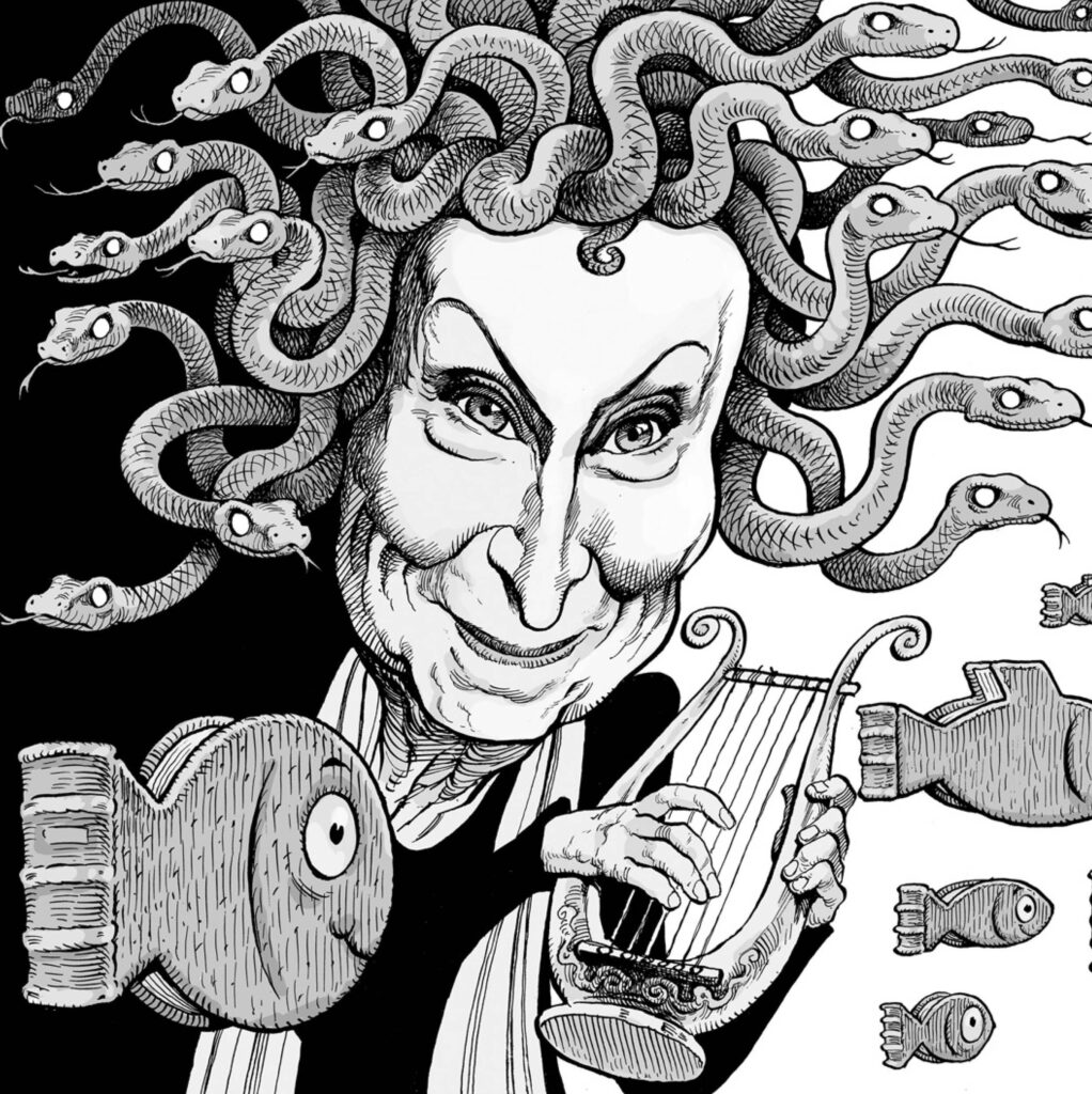 An illustration by David Parkins for Linda Leith’s January-February 2026 review of “Book of Lives” by Margaret Atwood.