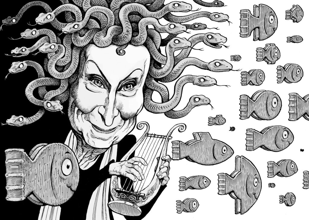 An illustration by David Parkins for Linda Leith’s January-February 2026 review of “Book of Lives” by Margaret Atwood.