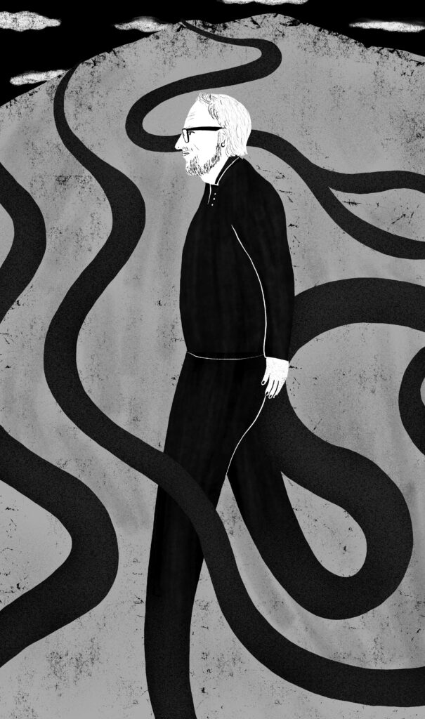 An illustration by Natàlia Pàmies Lluís for Spencer Morrison’s January-February 2026 review of “Walking the Bypass” by Ken Wilson and “Walking with Beth” by Merilyn Simonds.