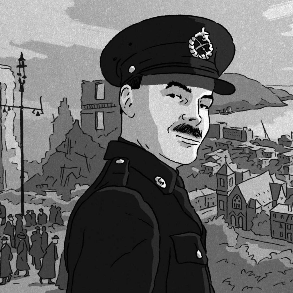 An illustration by Tim Bouckley for David Marks Shribman’s January-February 2026 review of “An Accidental Villain” by Linden MacIntyre.