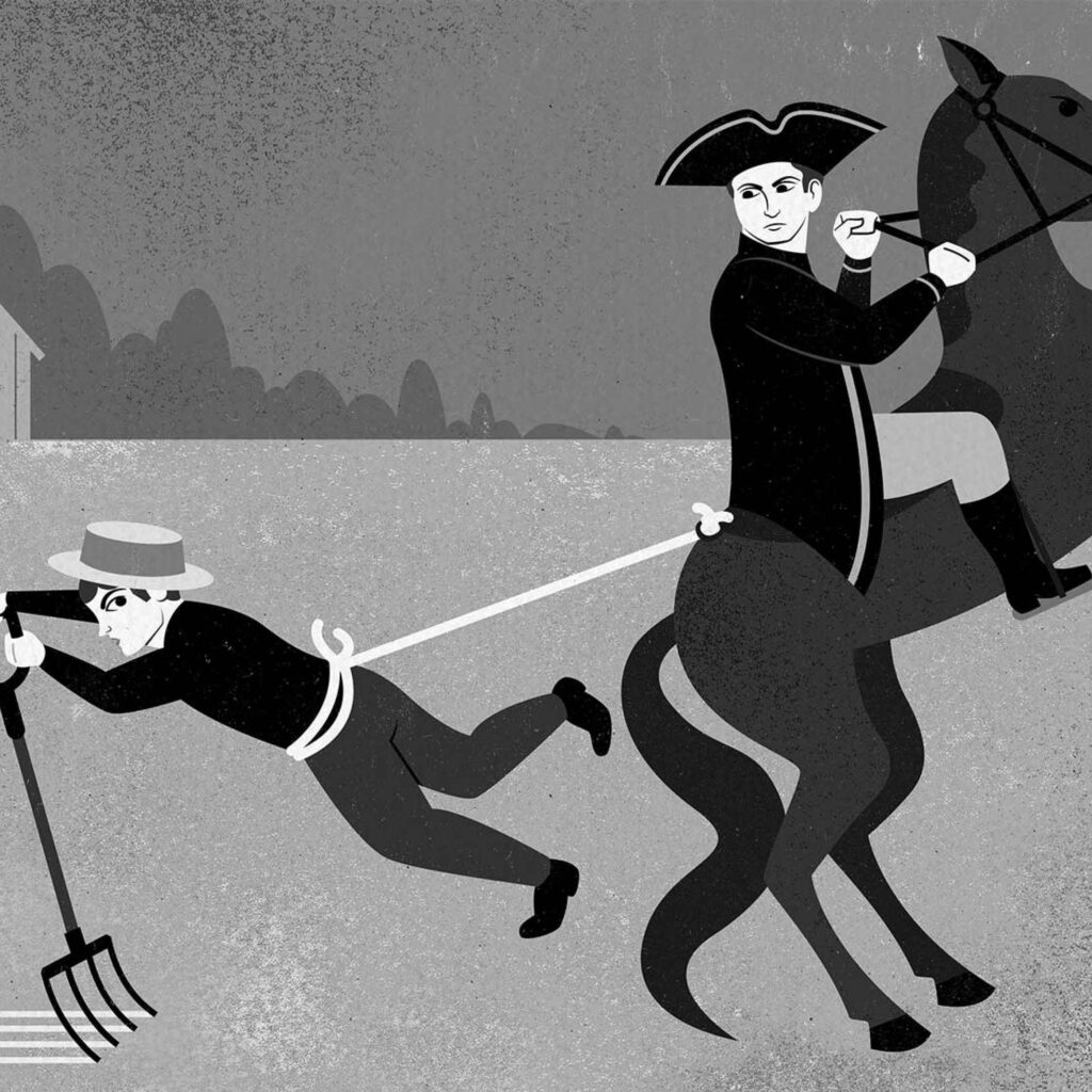 An illustration by Blair Kelly for Michael Taube’s January-February 2026 review of “Workers of War and Empire from New France to British North America, 1688–1783” by Richard H. Tomczak.