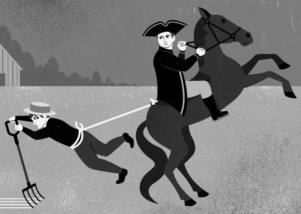 An illustration by Blair Kelly for Michael Taube’s January-February 2026 review of “Workers of War and Empire from New France to British North America, 1688–1783” by Richard H. Tomczak.