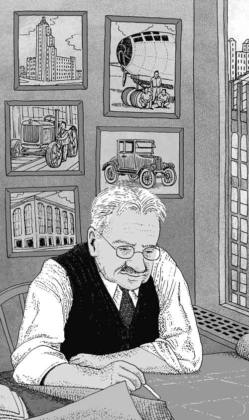 An illustration by Tom Chitty for Kelvin Browne March 2026 review of “Albert Kahn Inc.” by Claire Zimmerman.
