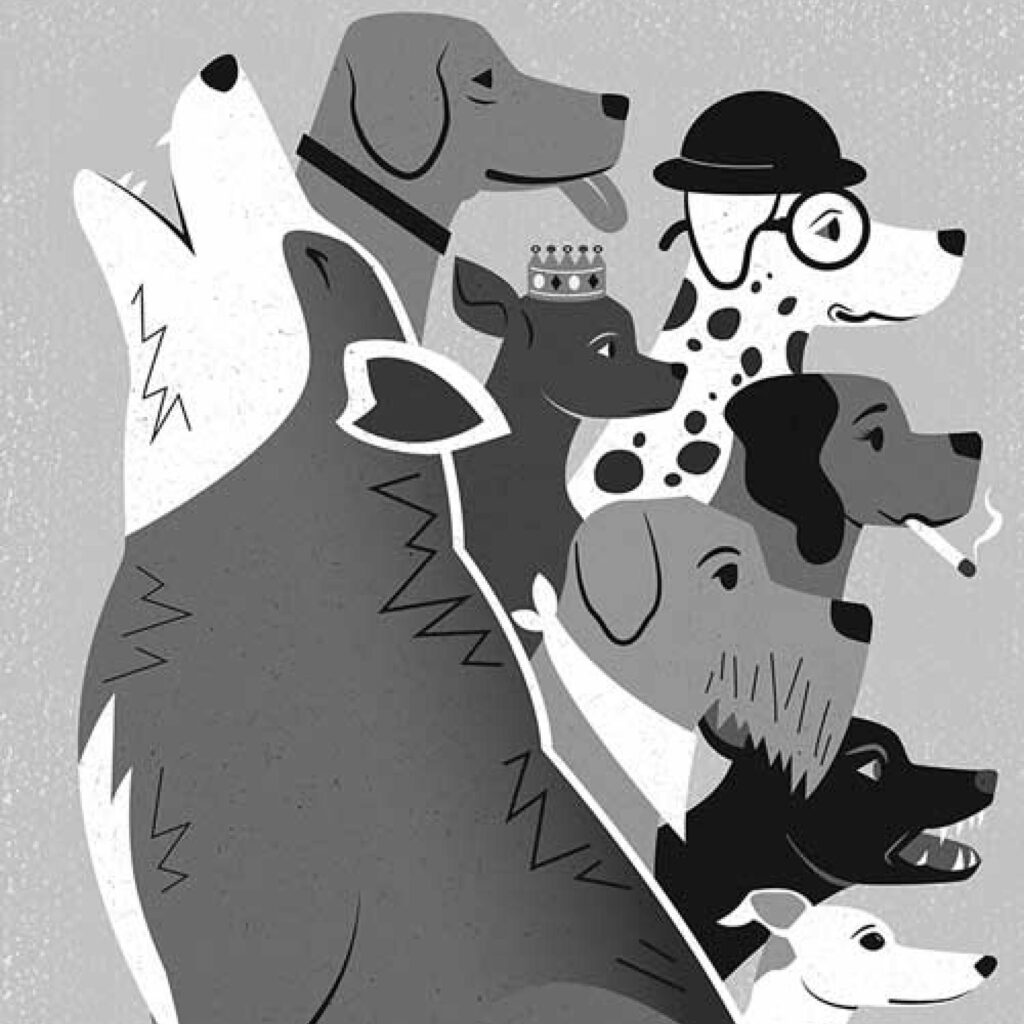 An illustration by Blair Kelly for Allan Hepburn’s March 2026 review of “Wolf, Moon, Dog” by Thomas Wharton.