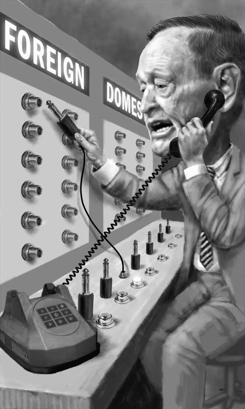 An illustration by John Fraser for Martin Laflamme’s March 2026 review of “Chrétien and the World,” edited by Jack Cunningham and John Meehan.