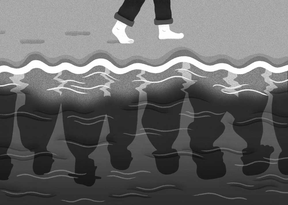 An illustration by Paige Stampatori for Sophia Ohler’s March 2026 review of “Together by the Sea” by Marie-Claire Blais.