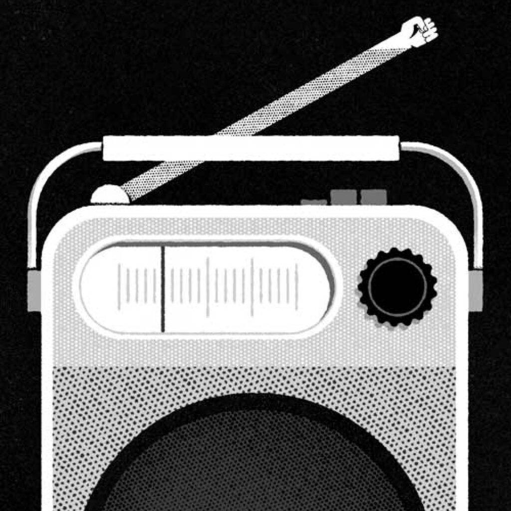 An illustration by Karsten Petrat for Christopher Waddell’s March 2026 review of “The CBC” by David Cayley.