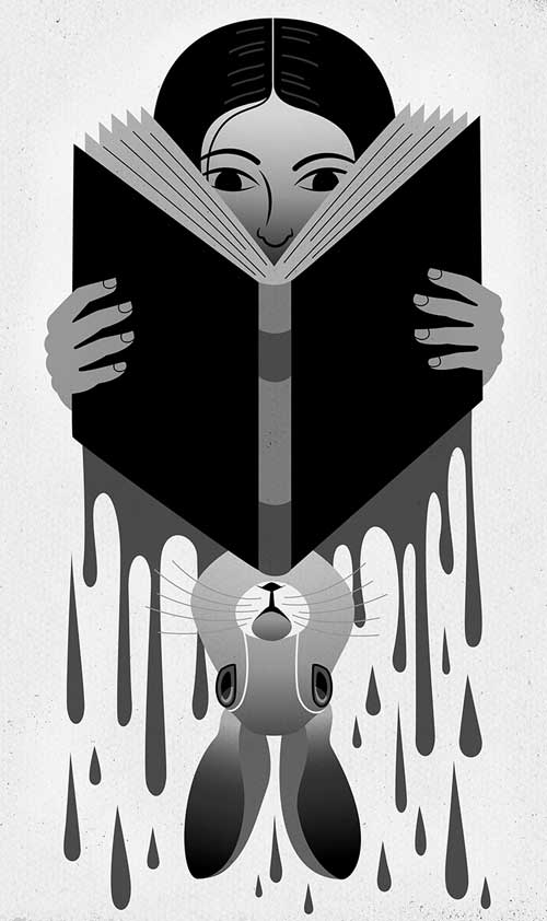 An illustration by Blair Kelly for Alyanna Chua’s April 2026 review of “Bunny” and “We Love You Bunny” by Mona Awad.