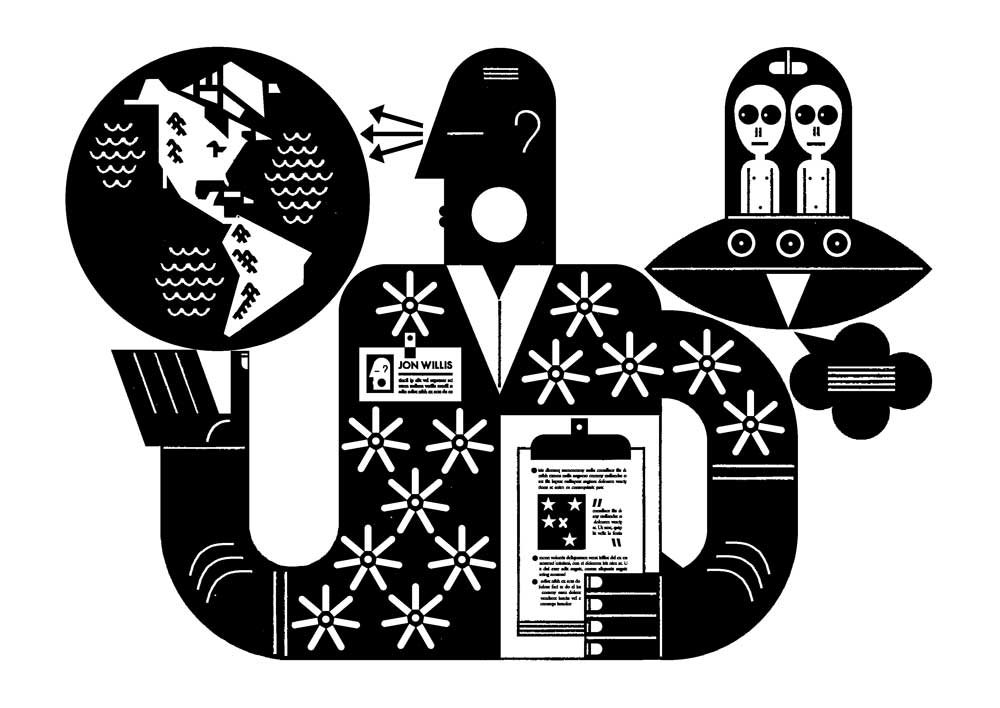 An illustration by Raymond Biesinger for Dan Falk’s April 2026 review of “The Pale Blue Data Point” by Jon Willis.