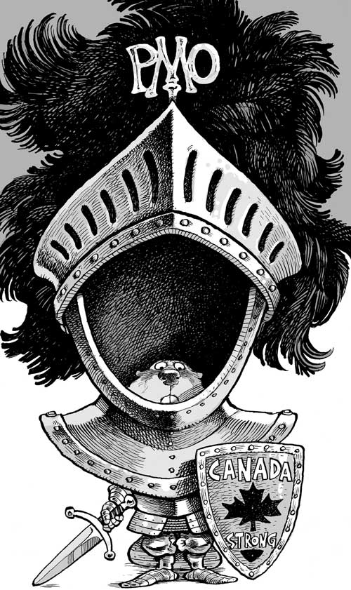 An illustration by David Parkins for Aaron Wherry’s April 2026 review of “A New Blueprint for Government” by Kevin G. Lynch and James R. Mitchell and “Statecraft” by Stephen Azzi and Patrice Dutil.