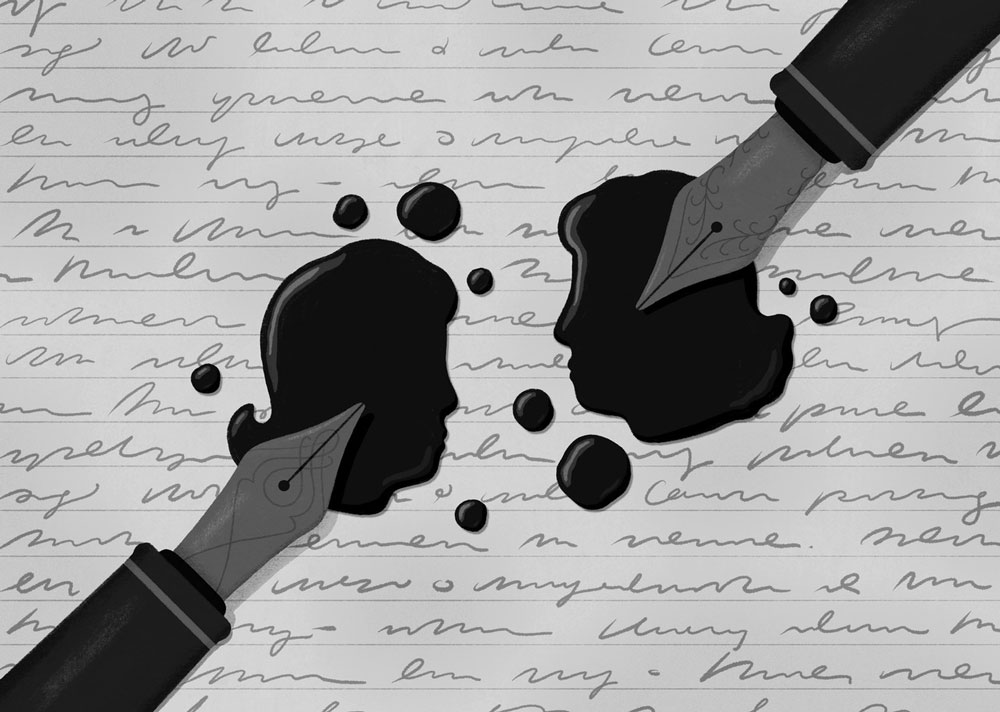 An illustration by Paige Stampatori for David Marks Shribman’s May 2026 review of “Letters from the Afterlife: The Post-Holocaust Correspondence of Chava Rosenfarb and Zenia Larsson,” edited by Goldie Morgentaler.