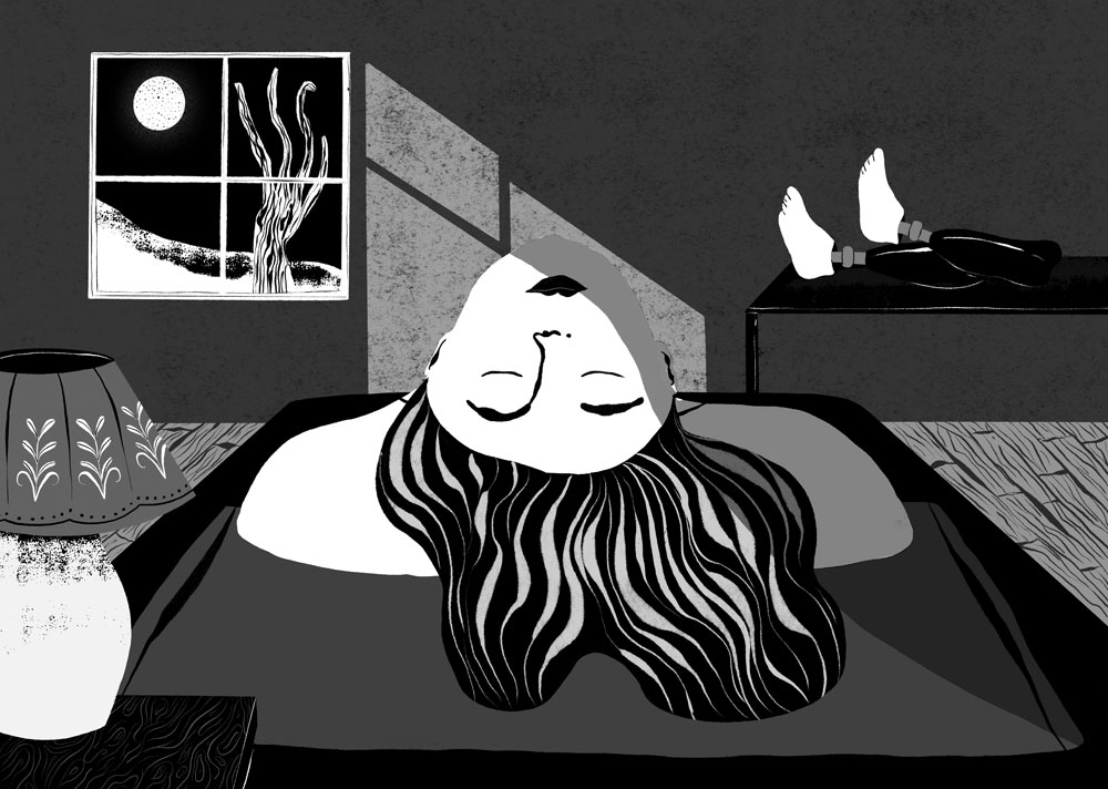 An illustration by Natàlia Pàmies Lluís for Harriet Alida Lye’s June 2026 review of “Jelly, Baby: Essays on Disability and Vulnerability,” by Therese Estacion.