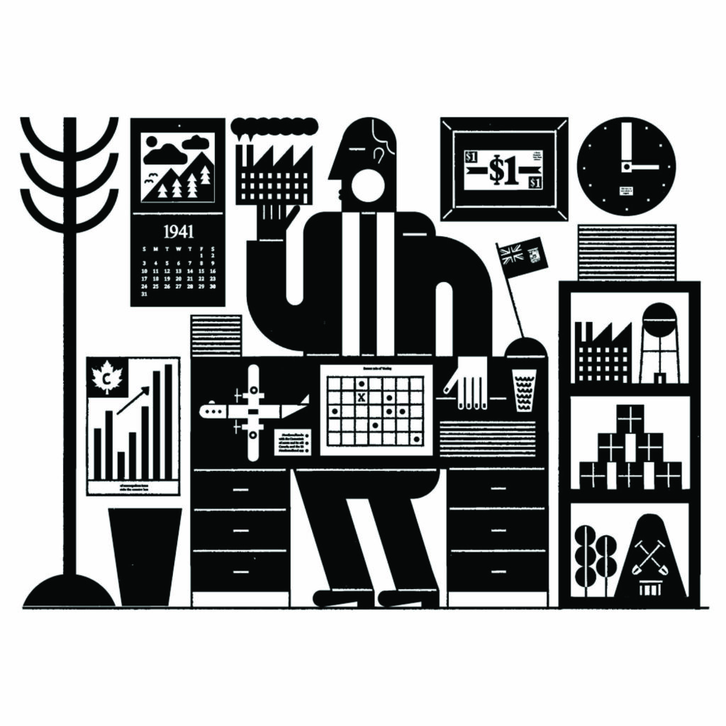 An illustration by Raymond Biesinger for David Marks Shribman’s June 2026 review of “The Dollar a Year Men,” by Allan Levine.