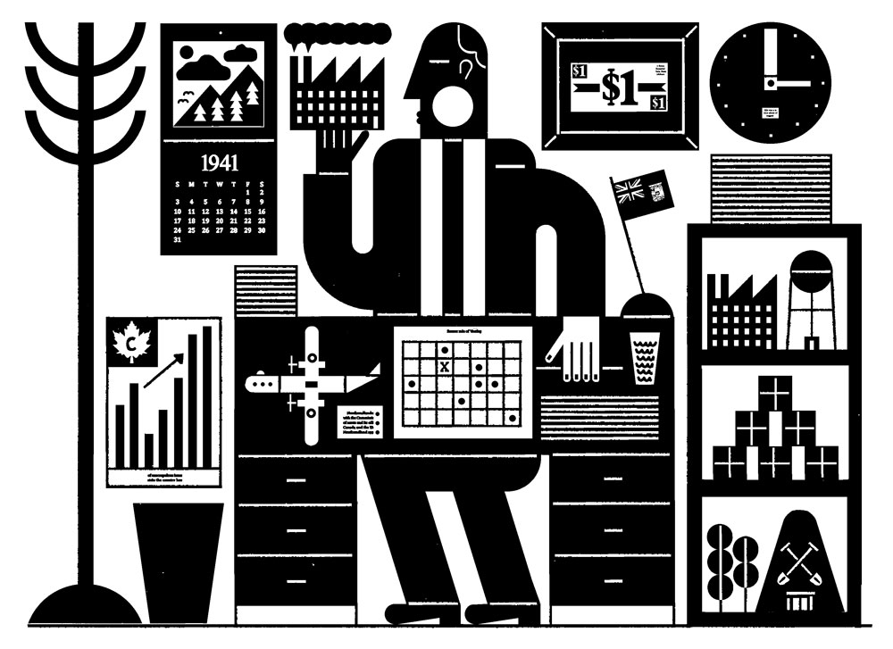 An illustration by Raymond Biesinger for David Marks Shribman’s June 2026 review of “The Dollar a Year Men,” by Allan Levine.