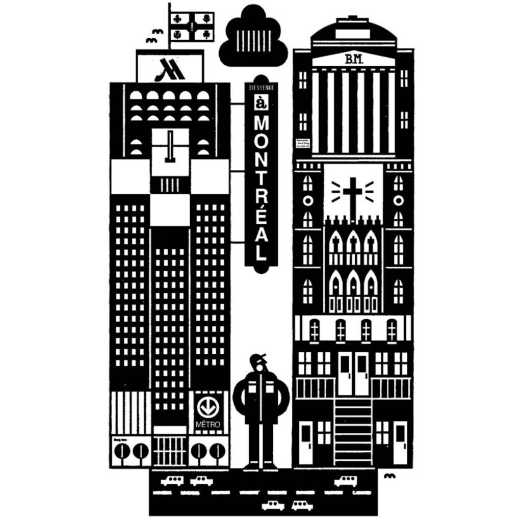 An illustration by Raymond Biesinger for Kelvin Browne’s July/August 2026 review of “Exploring Montréal” by Robin Ward.