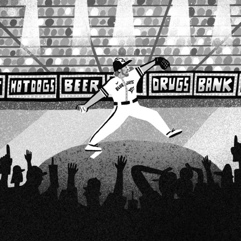 An illustration by Sandi Falconer for Stacey May Fowles July/August 2026 review of “On Sports,” by David Macfarlane.