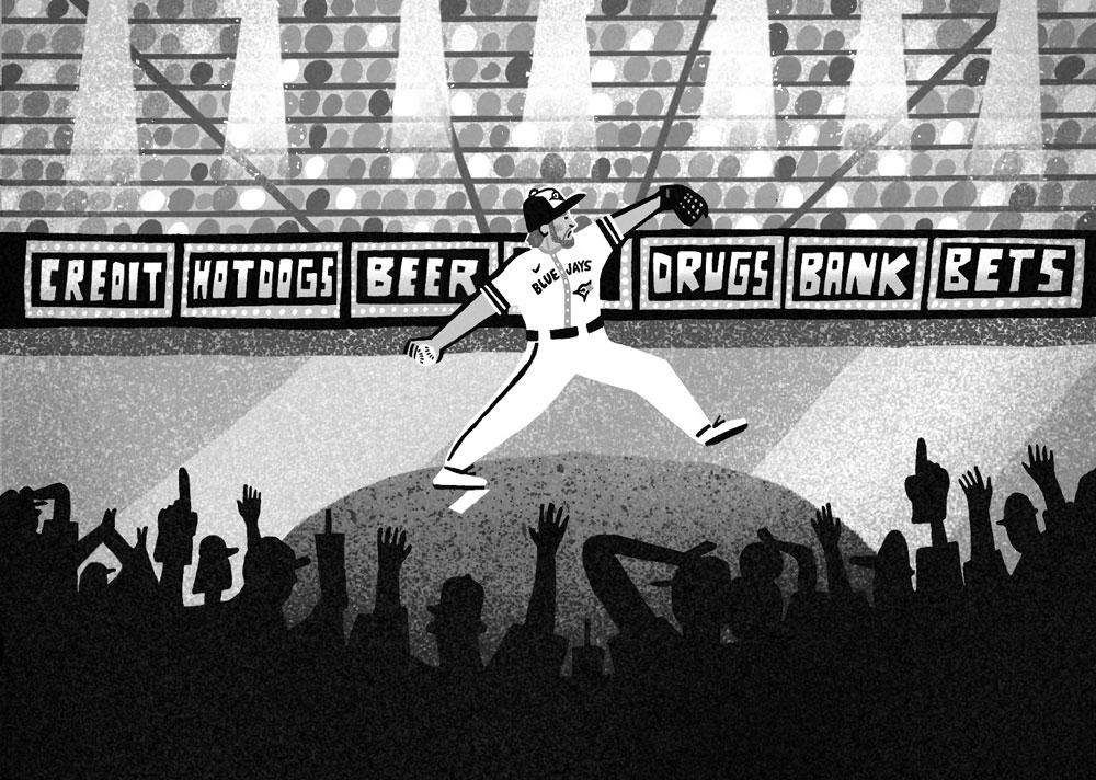 An illustration by Sandi Falconer for Stacey May Fowles July/August 2026 review of “On Sports,” by David Macfarlane.