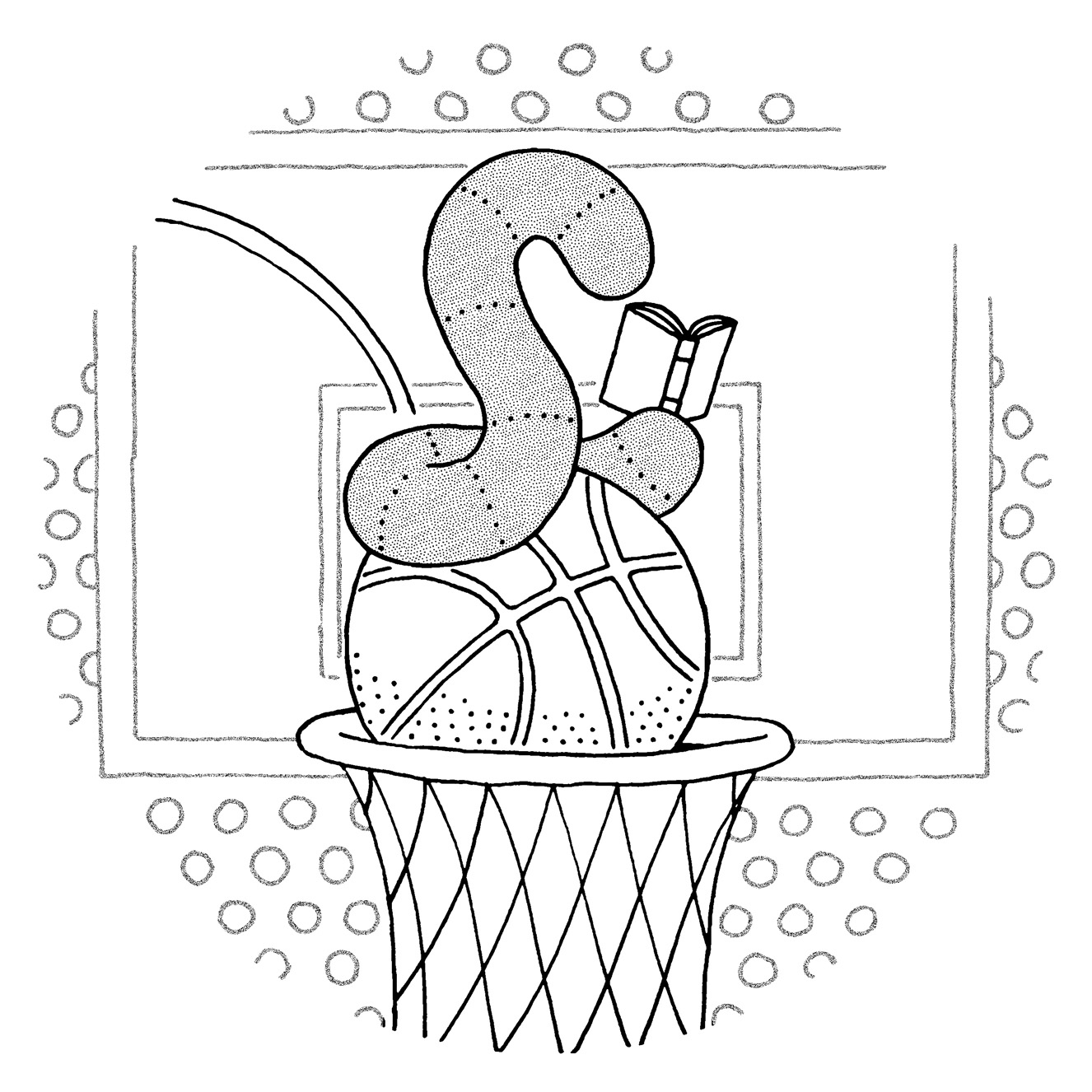 Bookworm, no. 150 homepage image. Worm reading a book on top of a basketball net.